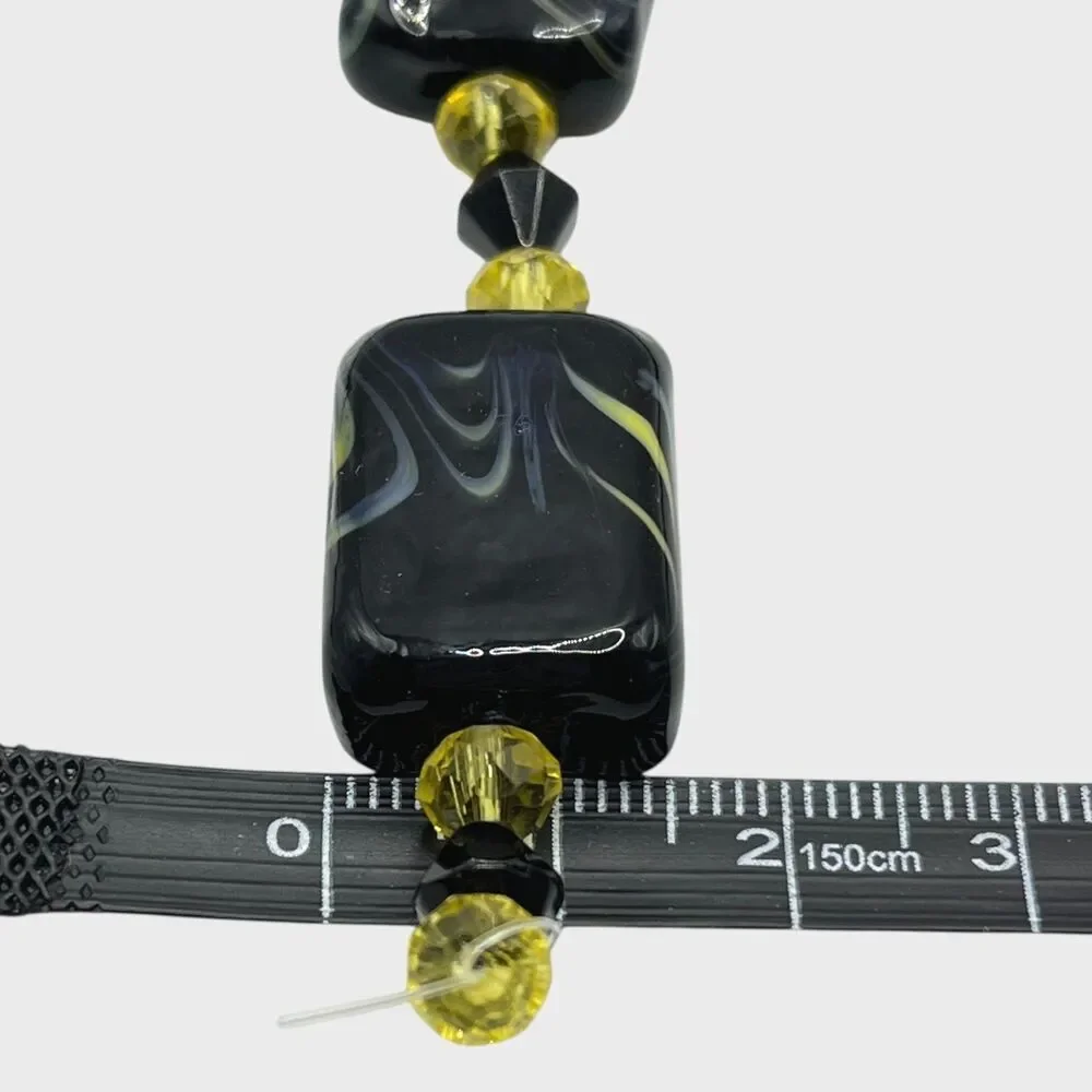 Lot Art Glass Beads Black Yellow Swirl Silver Tone Foil Jewelry Craft Lampwork